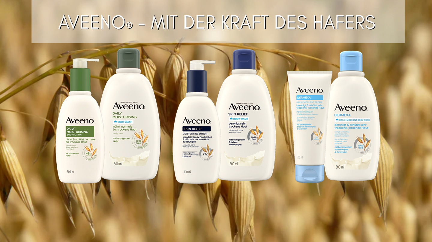 Hautpflegeprodukte der Firma Aveeno für empfindliche Körper- und Gesichtshaut.