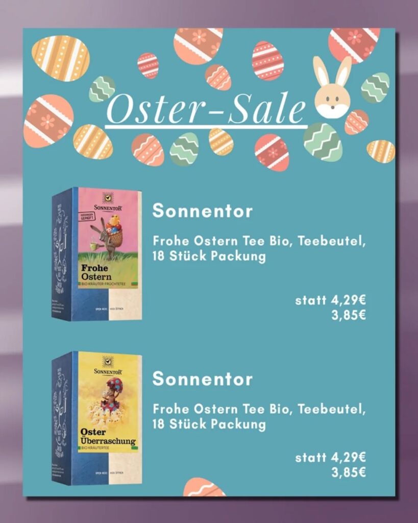 Ankündigung des Oster-Sale von Oster-Tees der Marke Sonnentor