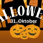 Lachende Kürbisse und fliegende Gespenster kündigen Halloween auf einem Plakat an.