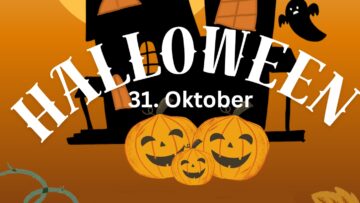 Lachende Kürbisse und fliegende Gespenster kündigen Halloween auf einem Plakat an.