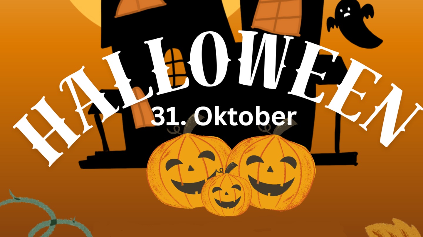 Lachende Kürbisse und fliegende Gespenster kündigen Halloween auf einem Plakat an.