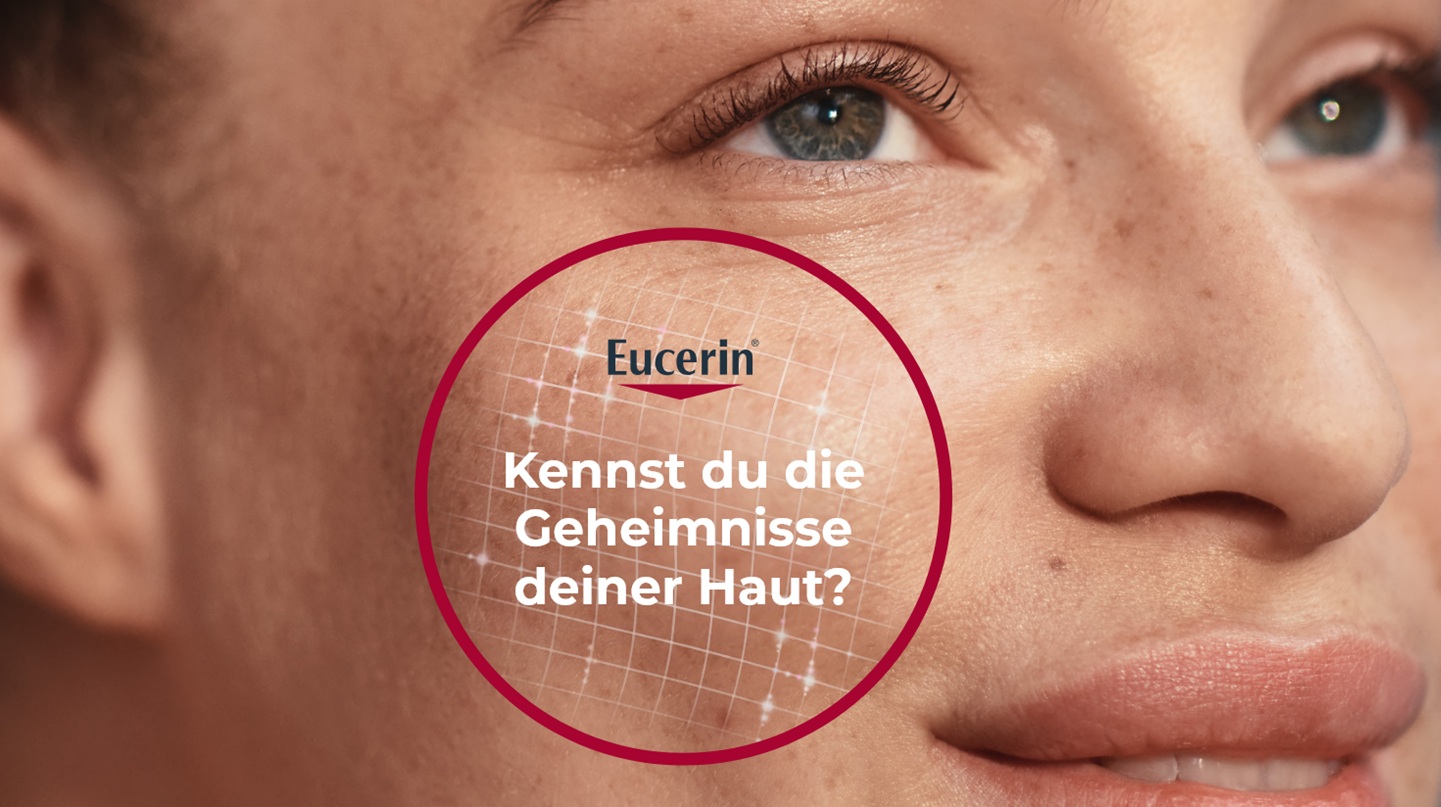 Termin sichern: Eucerin®-Hautberatung am 16.9. Gesicht einer jungen Frau mit Ankündigung für einen Hautberatungstag in der Götz Apotheke Petershausen