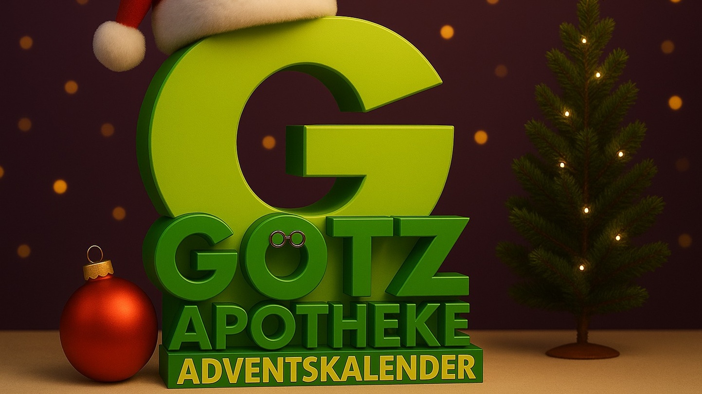 Logo der Götz Apotheke mit weihnachtlichem Hintergrund und dem Zusatz Adventskalender