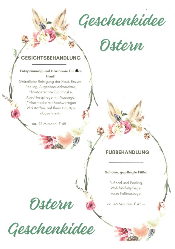 Plakat mit Ankündigungen der Oster-Kosmetikbehandlungen an der Götz Apotheke