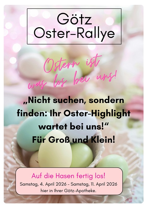 Ankündigung der Oster-Rallye mit Osterdeko im Hintergrund