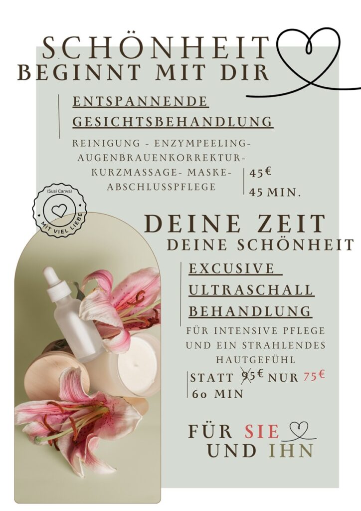 Plakat mit der Ankündigung von zwei Kosmetikbehandlungen