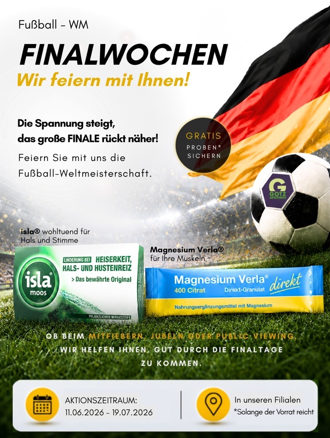 Plakat zur Ankündigung der Probenaktion in der Götz Apotheke für die Fußball WM 2026