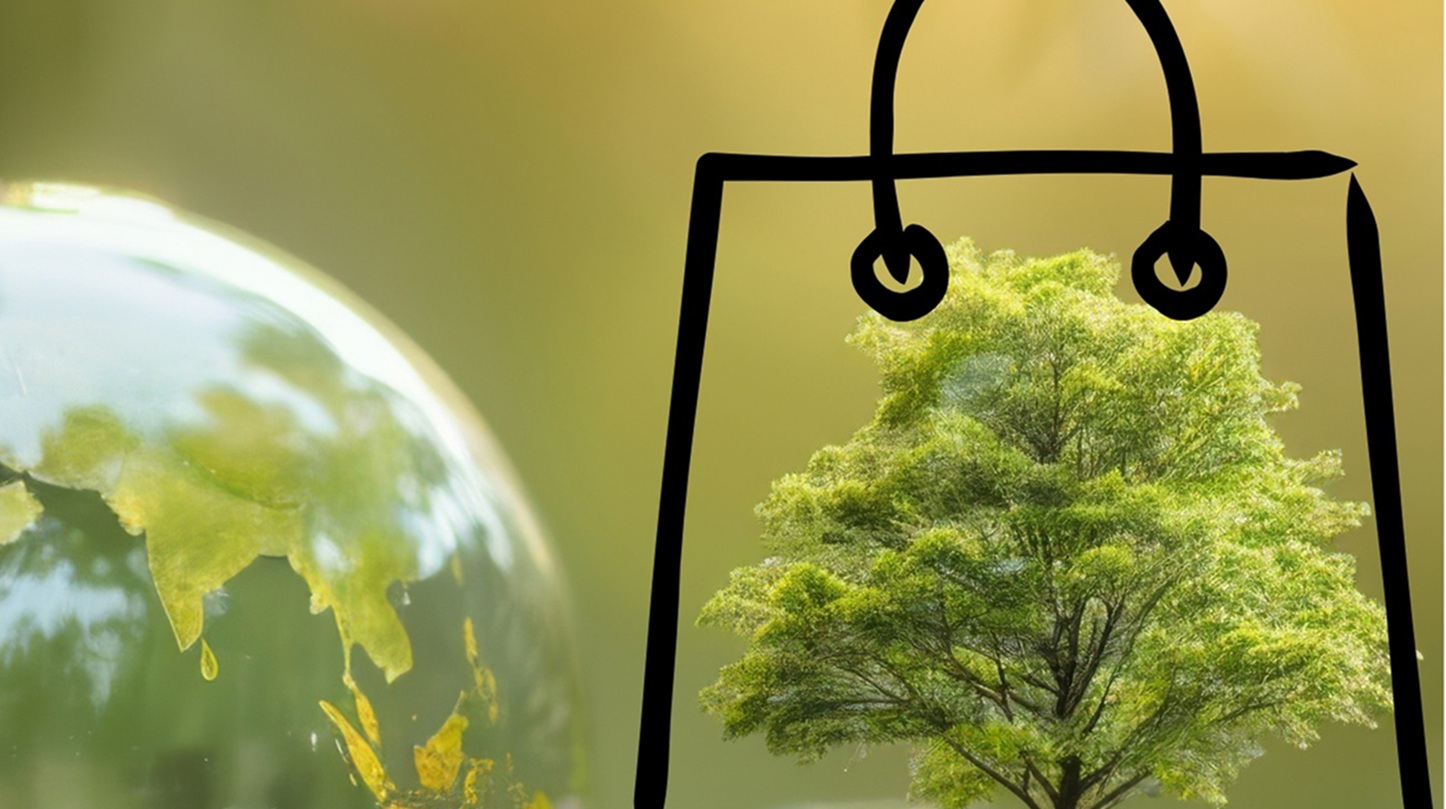 Gezeichnete Einkaufstüte auf Hintergrund mit einem Baum und der Weltkugel