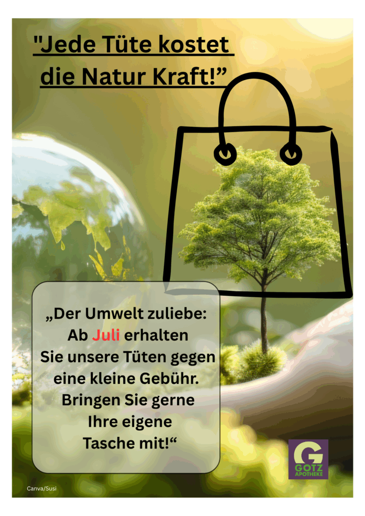 Plakat mit Hinweis darauf, dass Einwegtüten die Natur Kraft kosten.