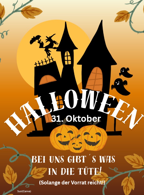 Plakat mit Ankündigung der Halloween-Aktion am 31. Oktober mit schwarzem gezeichneten Schloss, Geistern und orangefarbenen Kürbissen