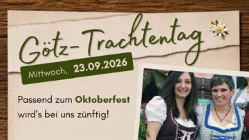 Mitarbeiterinnen der Götz Apotheke in Tracht auf einem Poster zur Ankündigung des Trachtentags in der Götz Apotheke Petershausen.